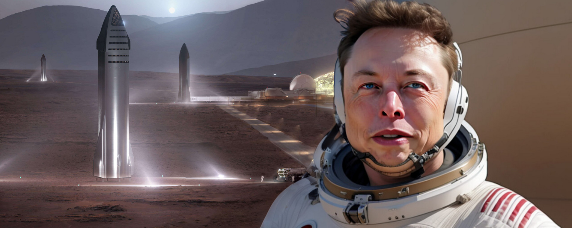 Starship на Марсе и Илон Маск (SpaceX, Stable Diffusion, коллаж )