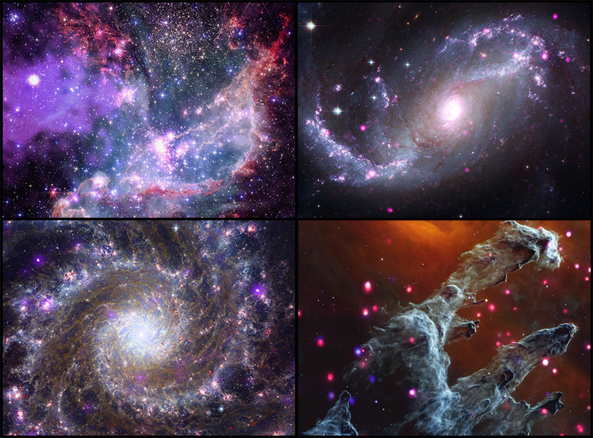 X-ray: Chandra: NASA/CXC/SAO, XMM: ESA/XMM-Newton; IR: JWST: NASA/ESA/CSA/STScI, Spitzer: NASA/JPL/CalTech; Optical: Hubble: NASA/ESA/STScI, ESO; Image Processing: L. Frattare, J. Major, N. Wolk, and K. Arcand, with additional support on NGC 346 by A. Kudrya