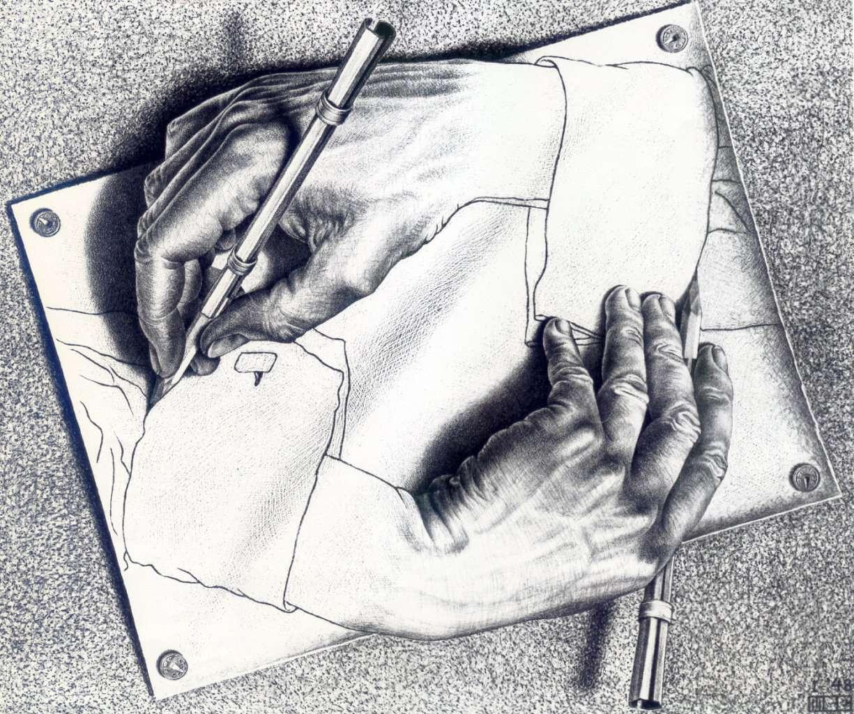 Одна из самых известных литографий Маурица Эшера — «Рисующие руки», 1948 год(mcescher.com)