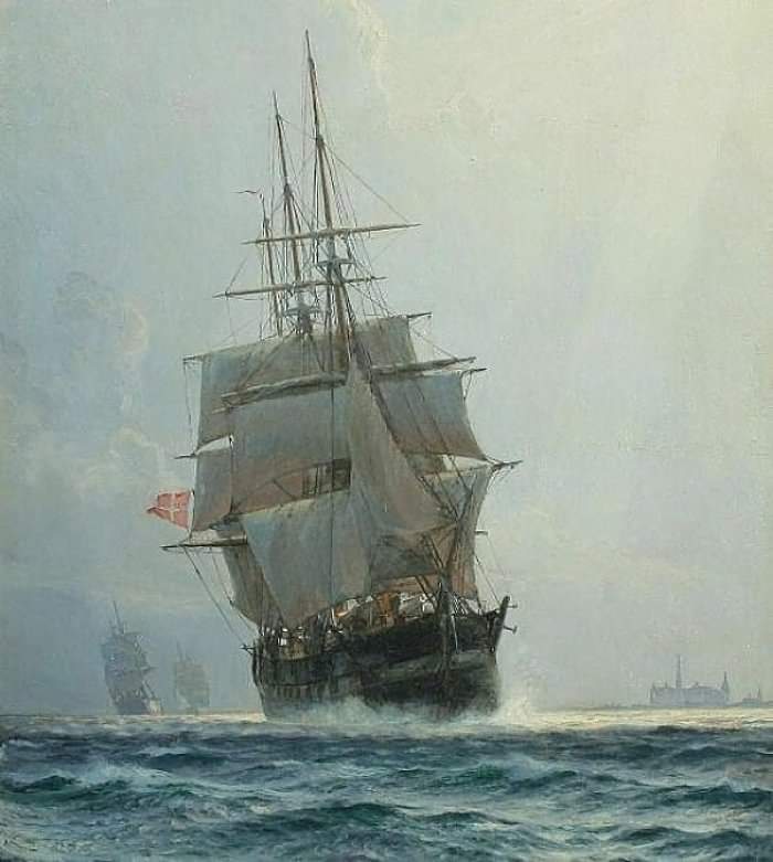 «Фрегаты на фоне Кронборга» (1900). Датский корабль проходит Зундом мимо замка Кронборг, что построен на деньги от зундских пошлин и сторожит пролив. Christian Ferdinand Andreas Mølsted (1862–1930, Дания)