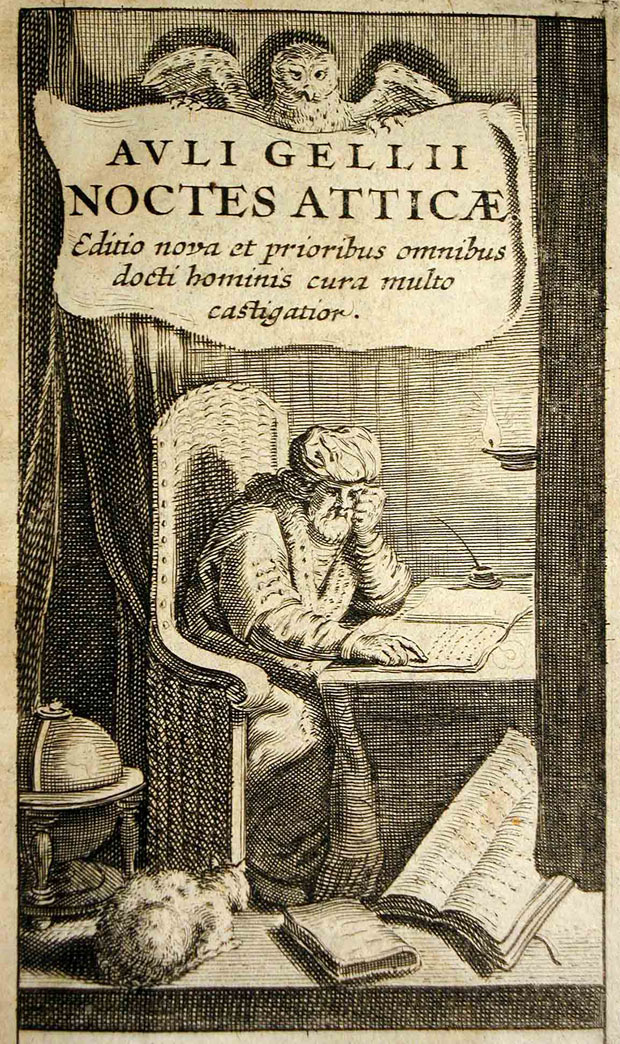 Авл Геллий за работой («Аттические ночи». Elzevirium, 1665)