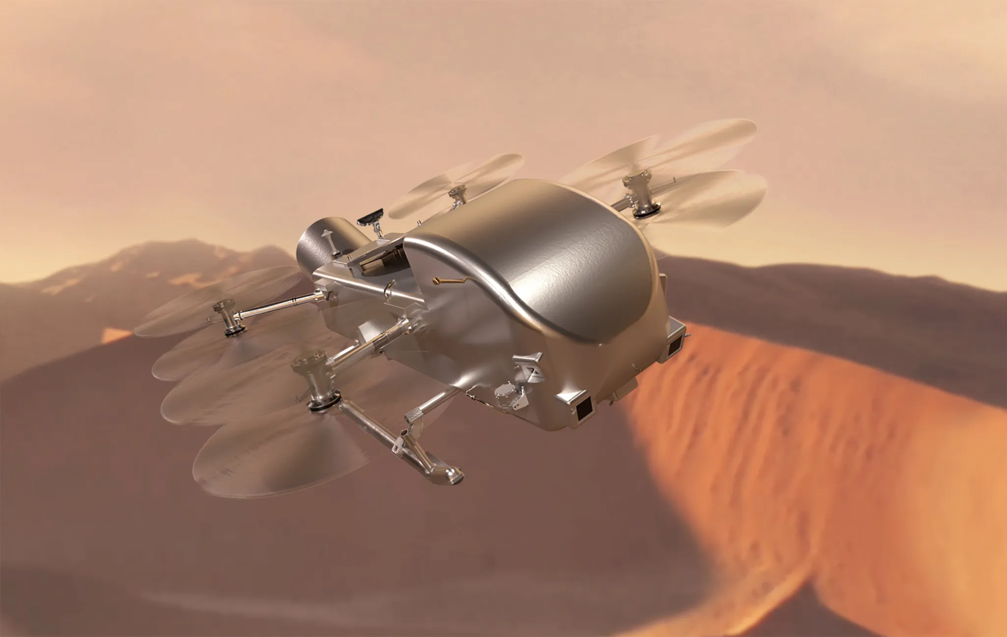 Авторская концепция Dragonfly, парящей над дюнами спутника Сатурна Титана. NASA / Johns Hopkins APL / Steve Gribben