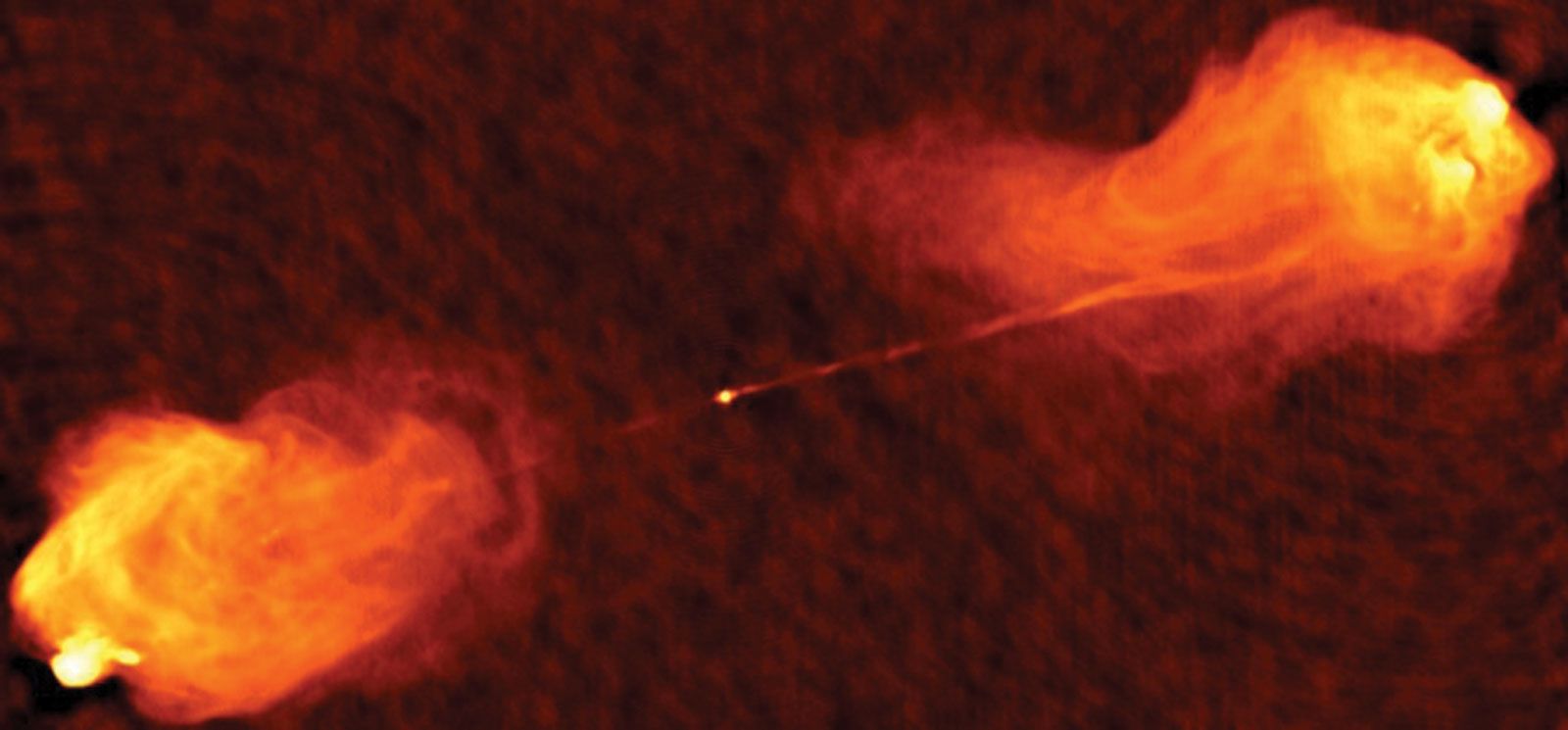 Радиокарта Лебедя А. Размах джетов — 300 кпк (NRAO/AUI)