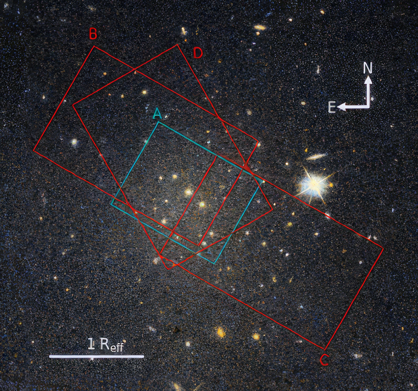 Все точки, в которых NGC 5846-UDG1 наблюдалась с помощью спектрографа KCWI, наложены на цветное изображение, полученное с помощью фильтров F475W и F606W HST WFC3/UVIS. DOI: 10.48550/arxiv.2504.03132