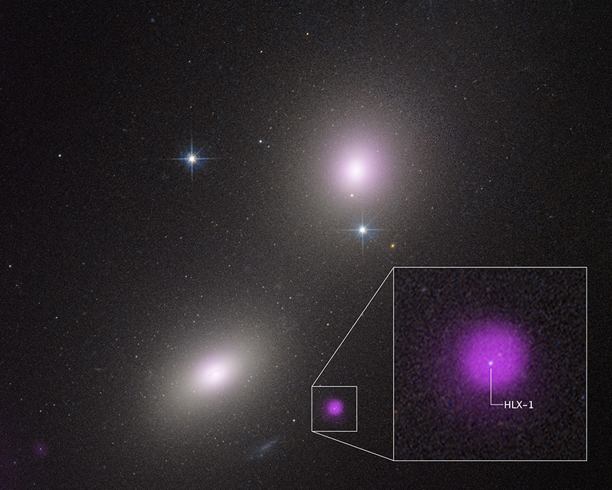 Рентгеновские и инфракрасные изображения NGC 6099 HLX-1. Рентгеновское изображение: NASA/CXC/Inst. of Astronomy, Y-C Chang; оптическое/ультрафиолетовое изображение: NASA/ESA/STScI/HST; обработка изображений: NASA/STScI/J. DePasquale