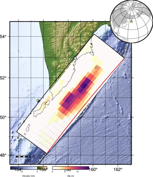 Распределение смещений земной коры в регионе мегаземлетрясения (earthquake.usgs.gov/earthquakes/eventpage/ pt25210002/finite-fault)