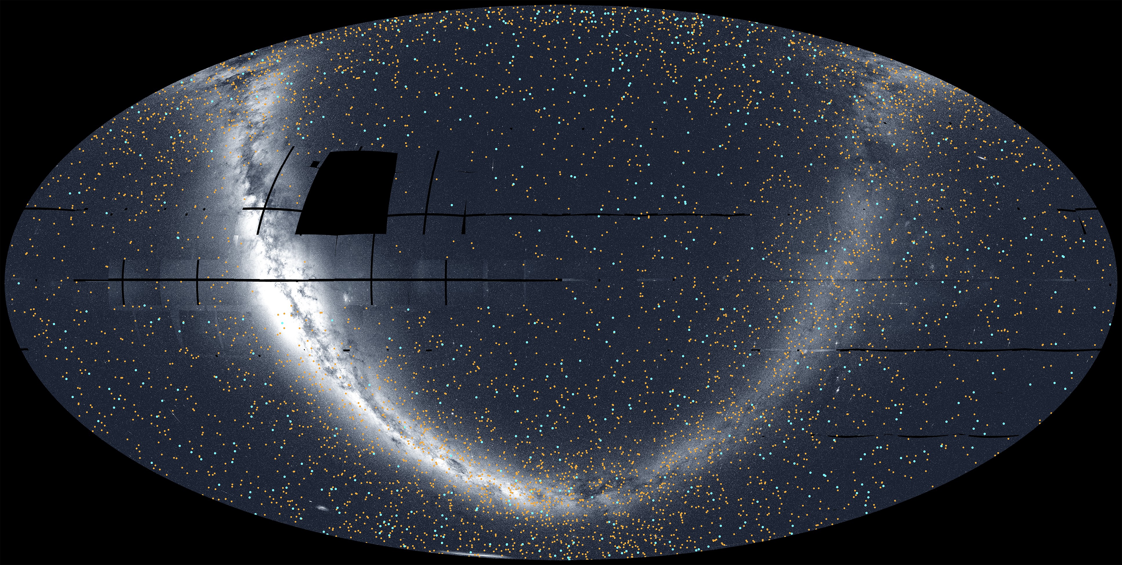 Обзор всего неба из 96 секторов, полученных с помощью телескопа TESS. Черные области внутри овала — это участки, которые TESS не сфотографировал. Изображение: NASA/MIT/TESS and Veselin Kostov (University of Maryland College Park)