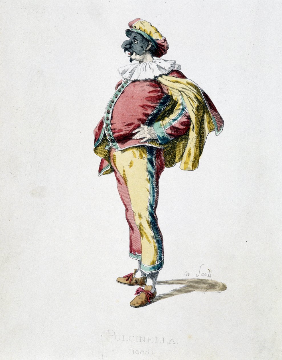 Пульчинелла образца 1685 года. Из книги «Маски и буффоны» (Франция, 1860). Рисунок Мориса Санда