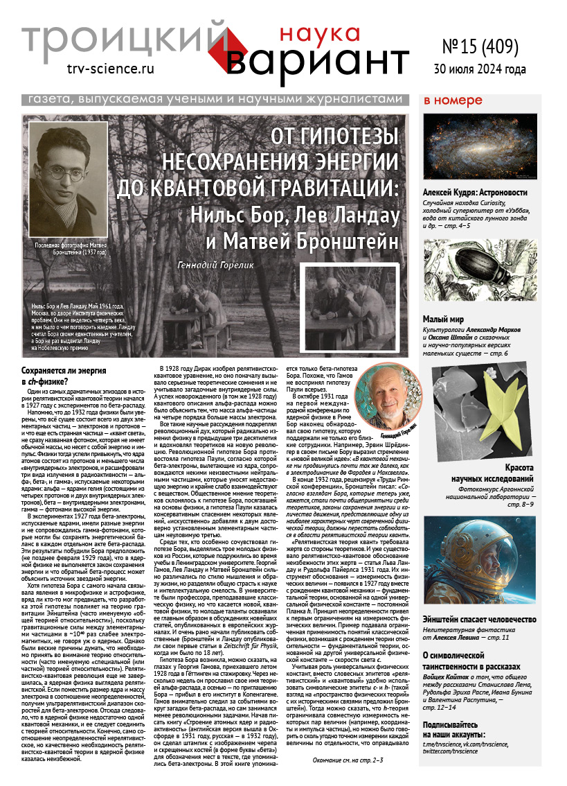 ТрВ № 15 (409) за 2024 г.: От гипотезы несохранения энергии до квантовой гравитации