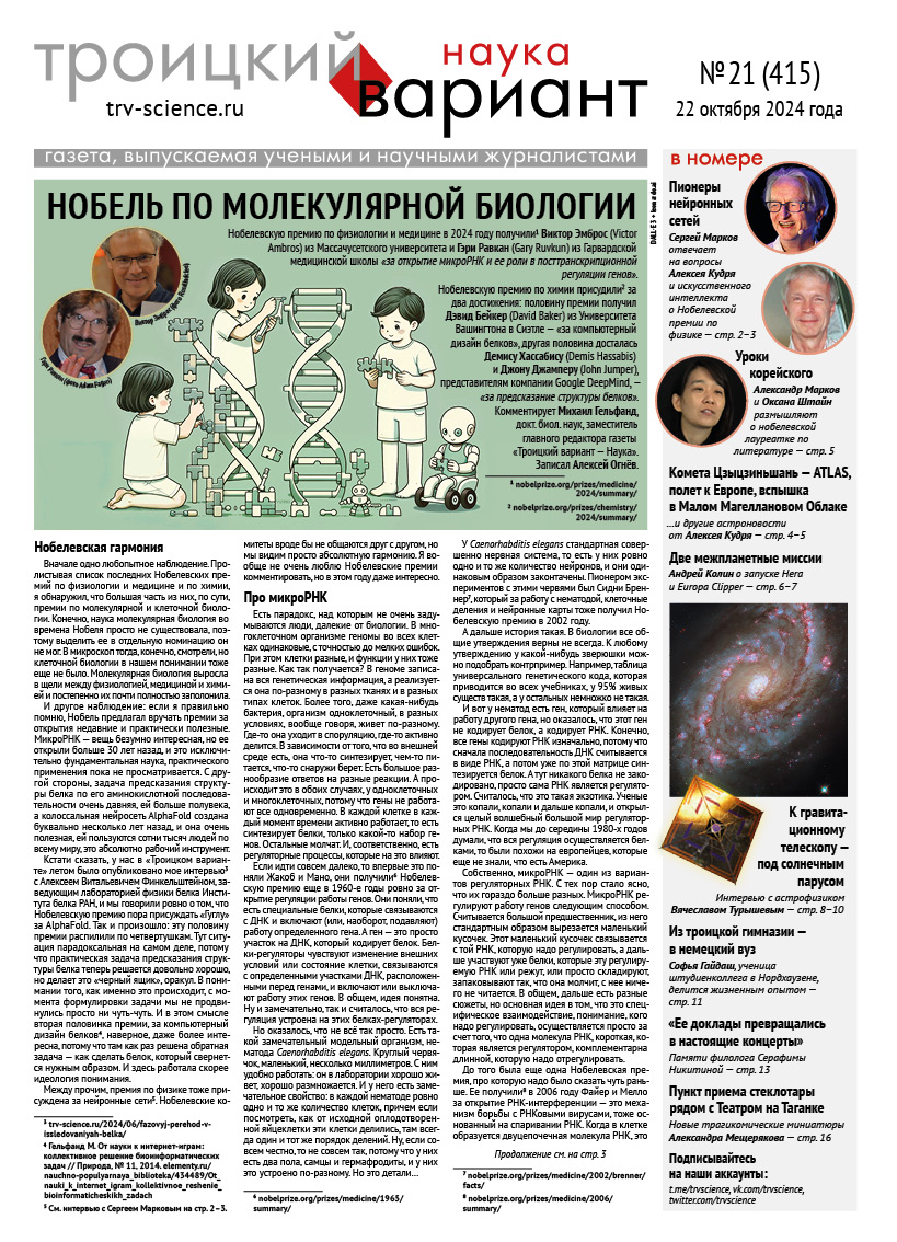 ТрВ № 21 (415) за 2024 г.: Нобель по молекулярной биологии