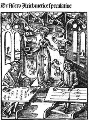 Cregorio Reisch, Margarita Philosophica, Strasburg, 1504. Biblioteca de Catalunya. Arithmetic contemplates an abacist and an algorist.